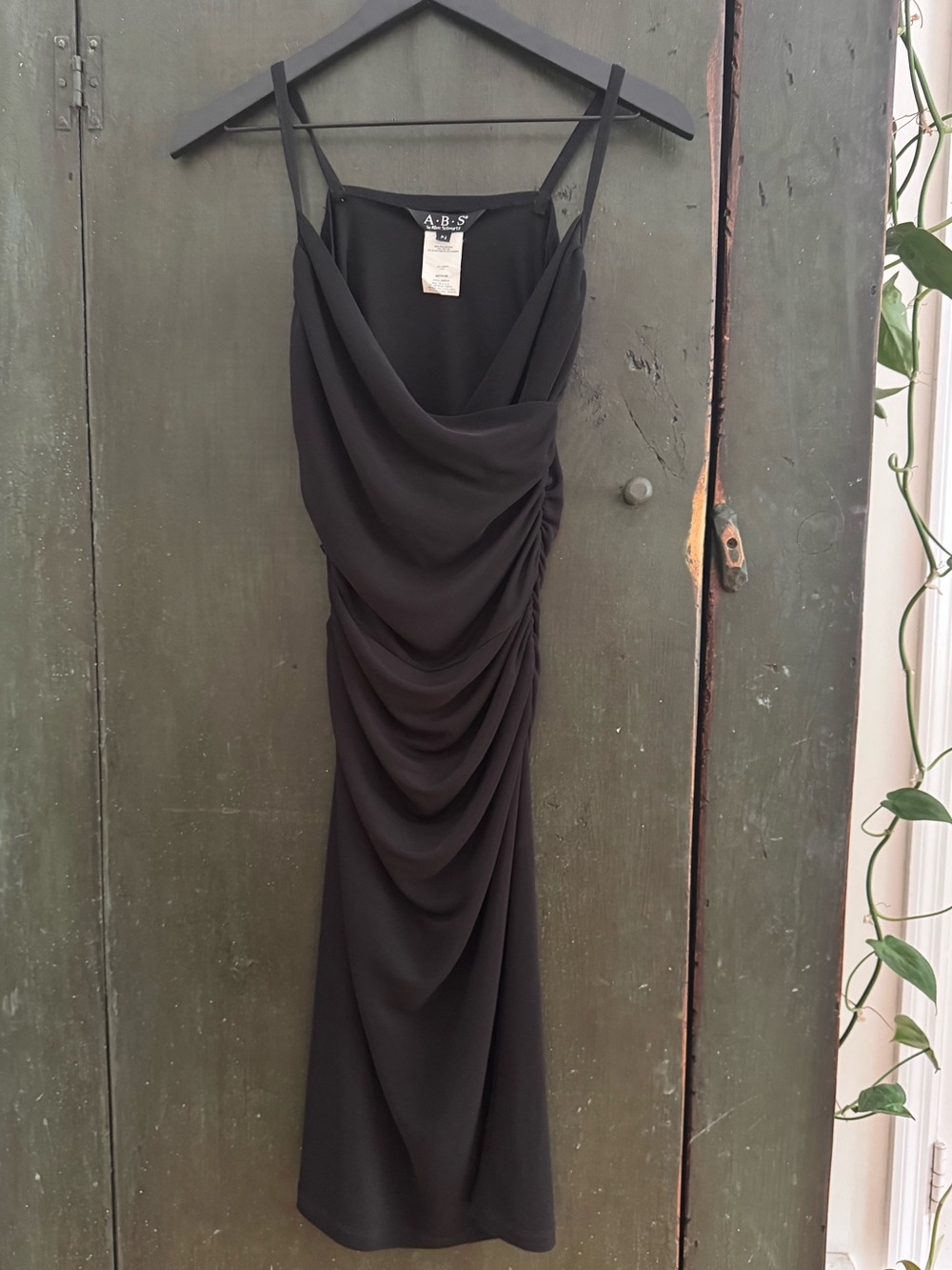 Vintage 90s ABS Allen Schwartz Ruched Cowl Neck Cocktail Dress Black Size M